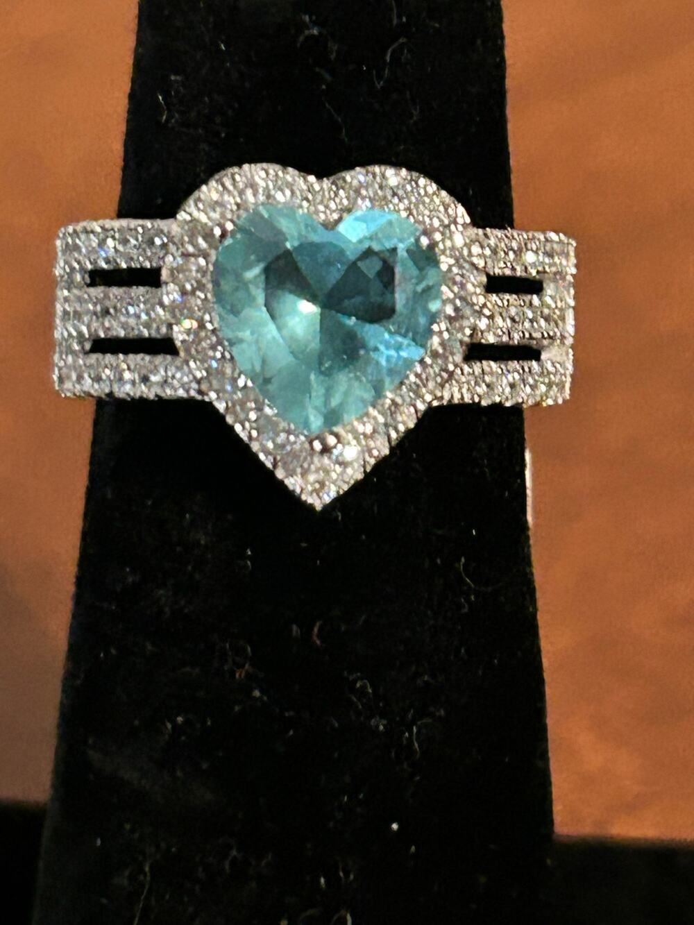925 Sterling Silver Blue Topaz Heart CZ Halo Ring 3 Band Size 5